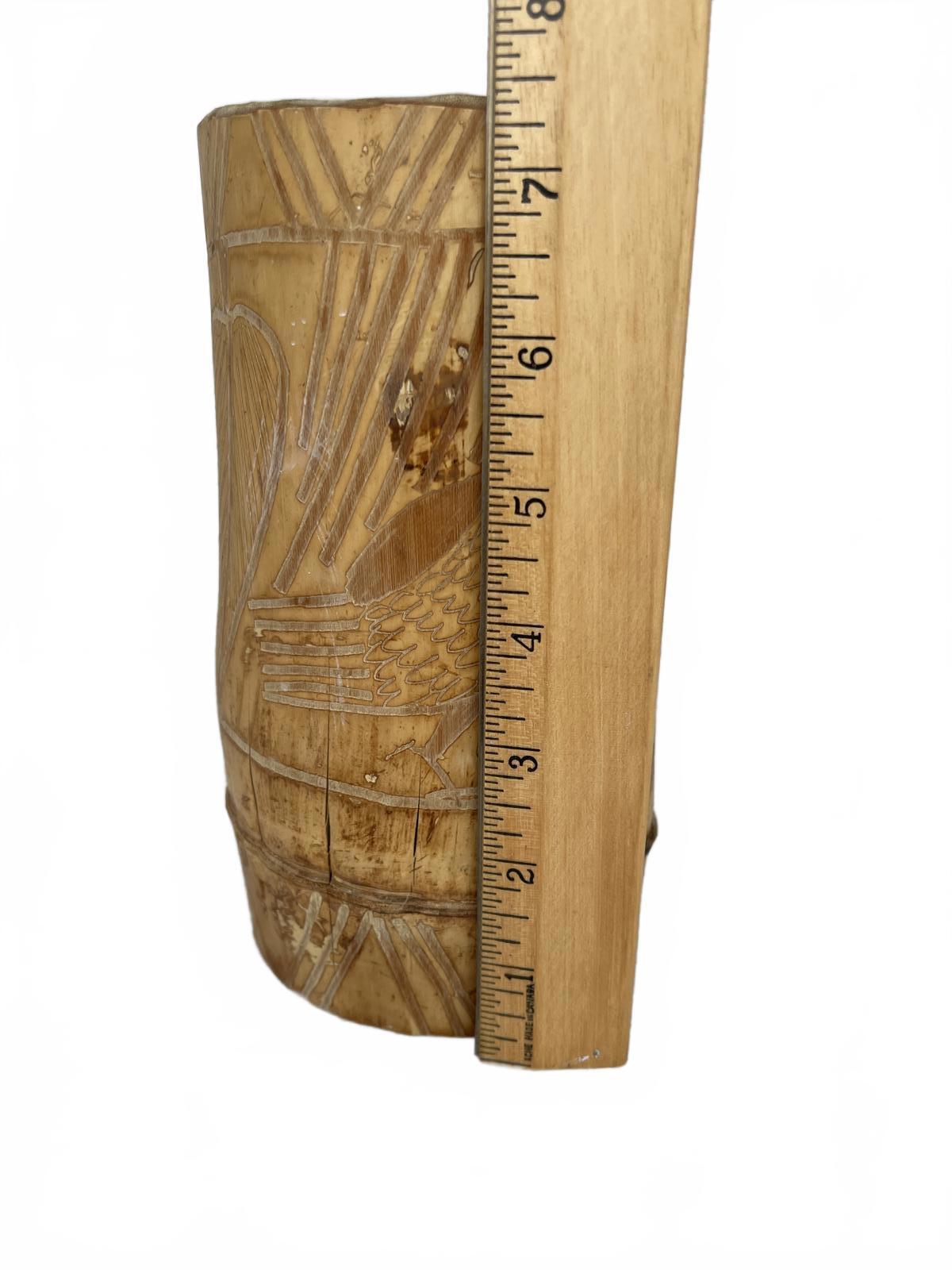 Handcrafted Vintage Hand Carved Bamboo Tiki Cup Vase Etched with Nature Designs