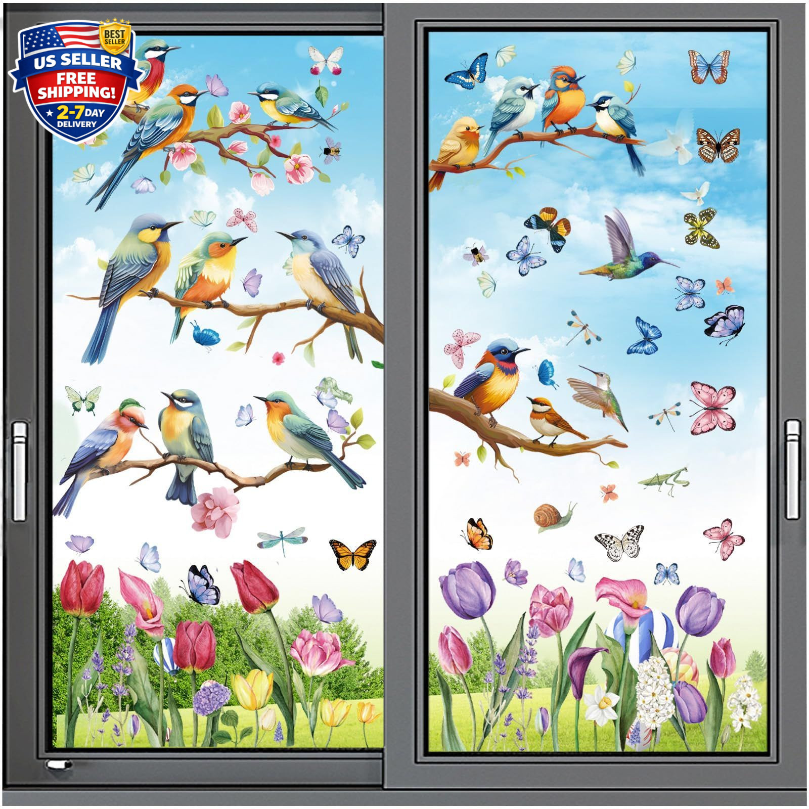 Spring Window Cling Sticker – 78PCS Tulip Butterfly Flower Hummingbirds Windo…