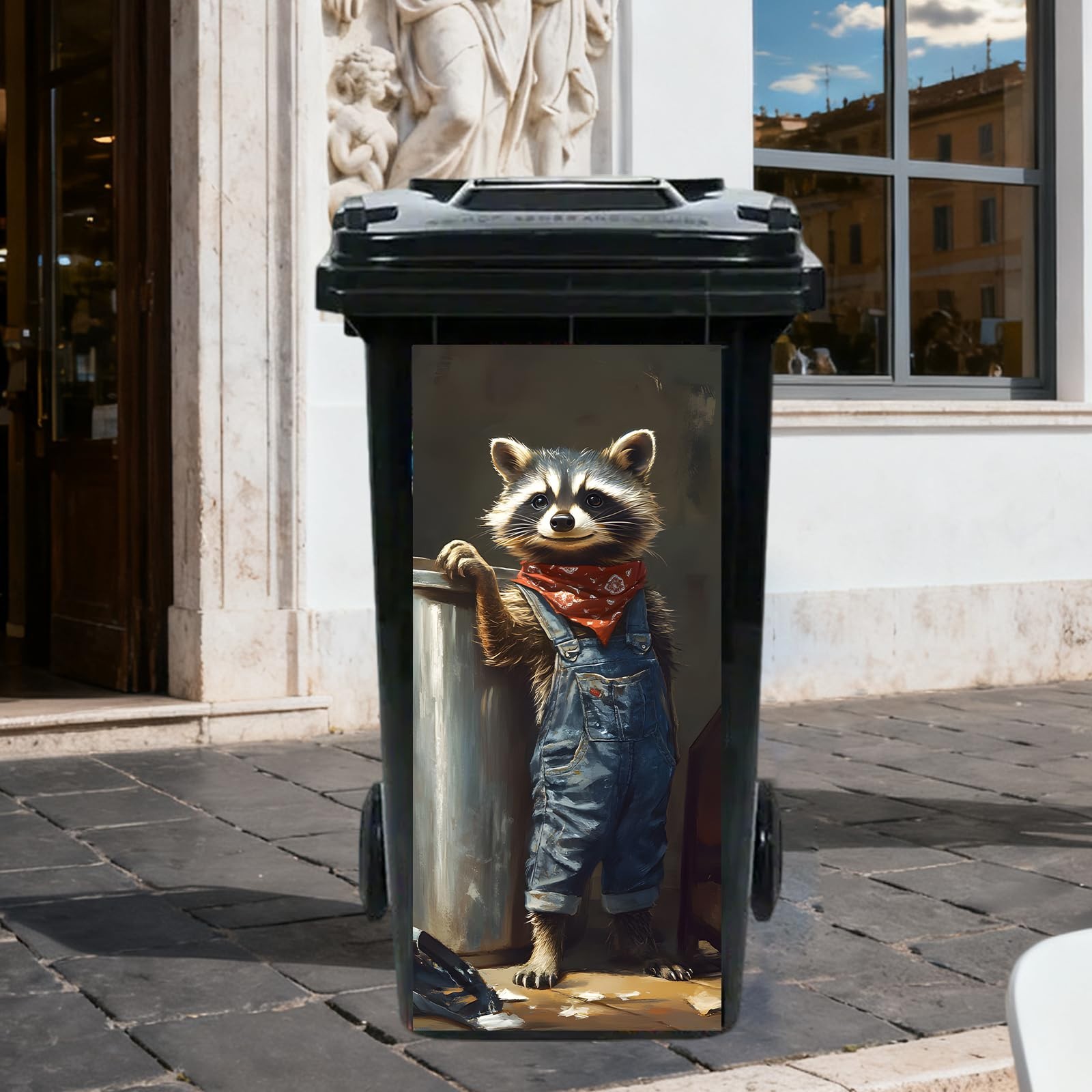 Funny Raccoon Worker Garbage Pail Stickers – PVC Trash Can Decor 14.57×32.28