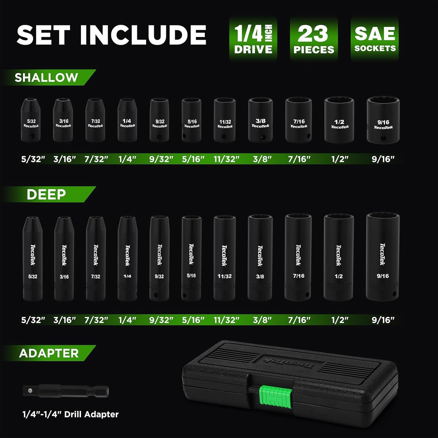 23-Piece 1/4" Drive Impact Socket Set, Shallow & Deep 12-Point, SAE, CR-V, Drill