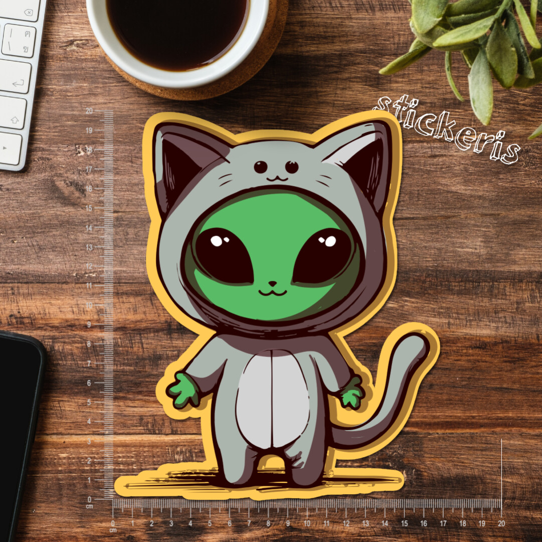 2x Alien wearing a kawaii cat suit sticker 2-12" (up to 47") | buy 2 get 1 free