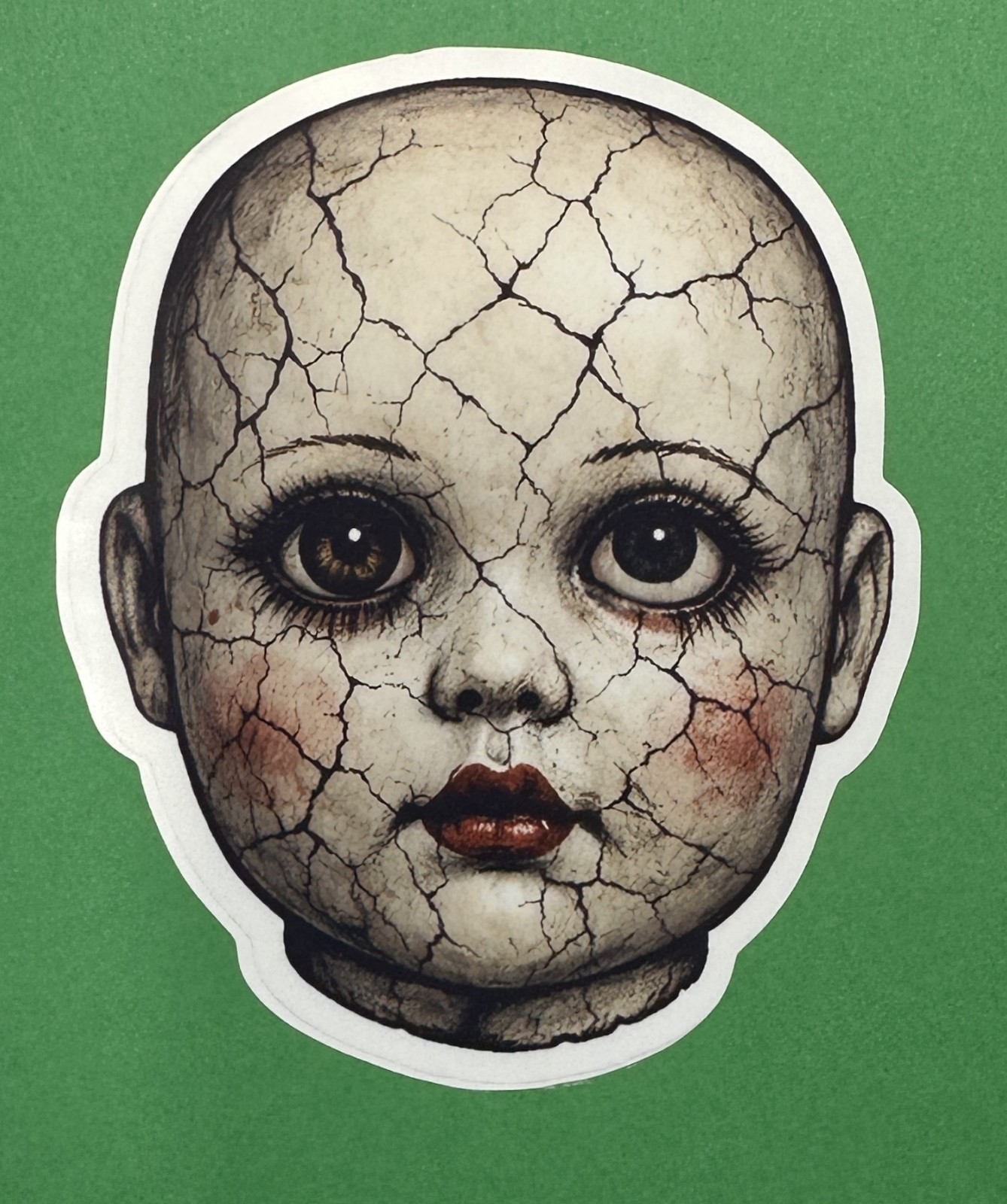 3 inch Cracked Creepy Doll Head Horror Vinyl Sticker Gothic Scary Decal