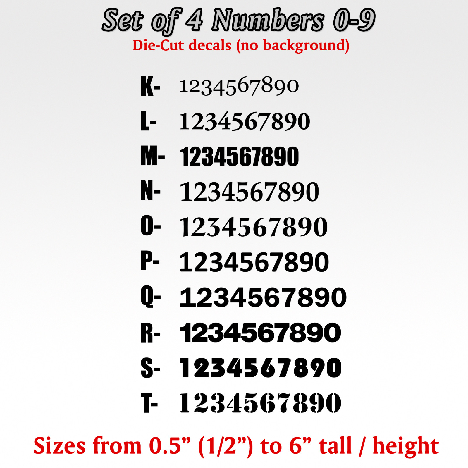 4 pack Numbers 0 to 9 Vinyl Die-Cut Decal set of 40 pieces sticker custom number