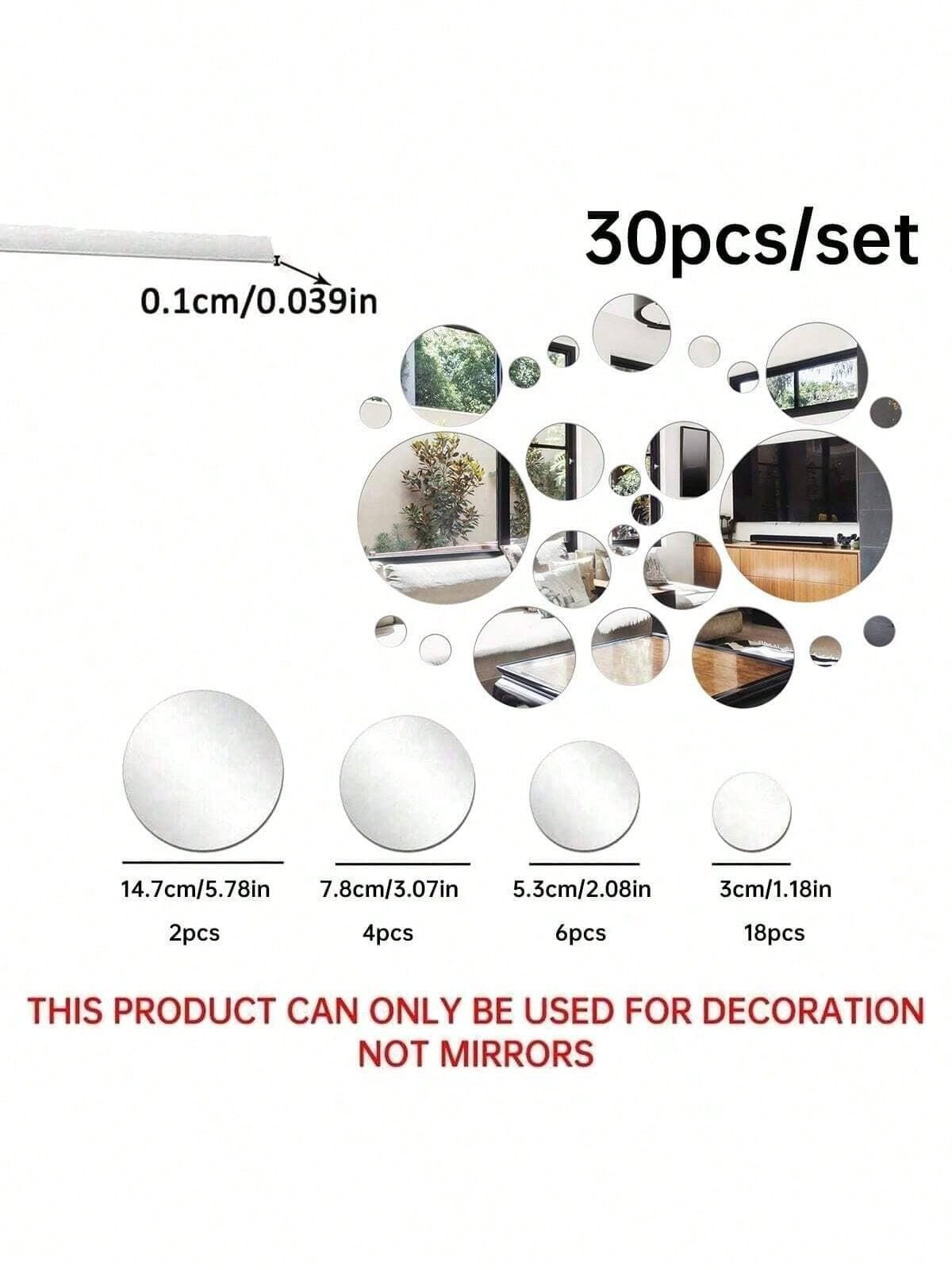 30Pcs Silver Circular Acrylic Mirror Wall Stickers Self Adhesive Home Decor