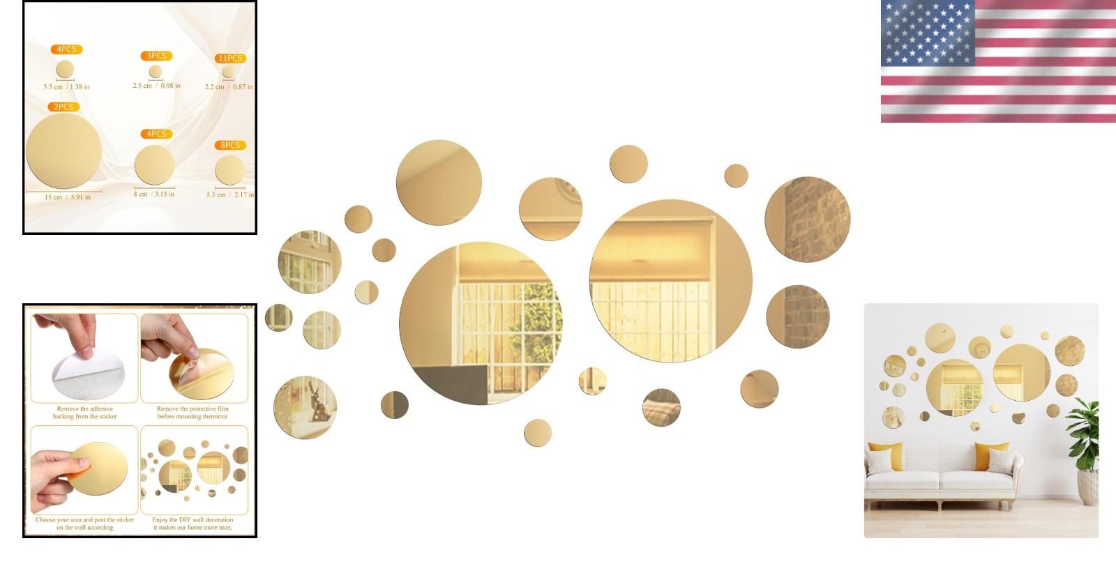 Gold Round Acrylic Mirror Wall Stickers: 32 Decorative Pieces for Unique Style