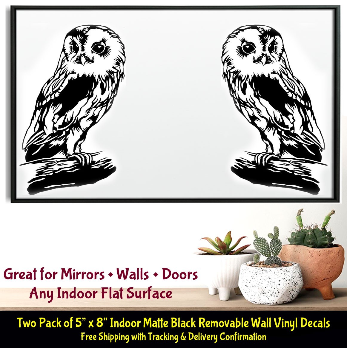 Barn Owl On Branch Two 5” x 8” Indoor Matte Black Vinyl Wall Decals Door Mirrors