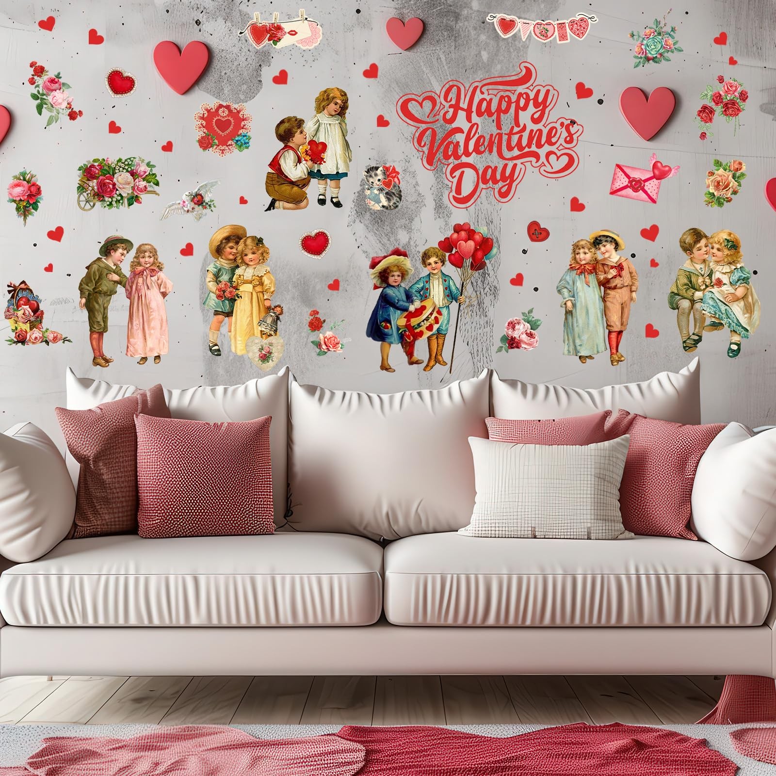 9 Sheets Valentine's Day Wall Decals Vintage Victorian People Rose Heart Wall St