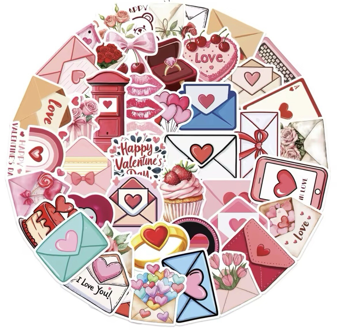 Valentines Day Envelope Style Stickers 50pk Mixed Fun Stickers Hearts Valentines