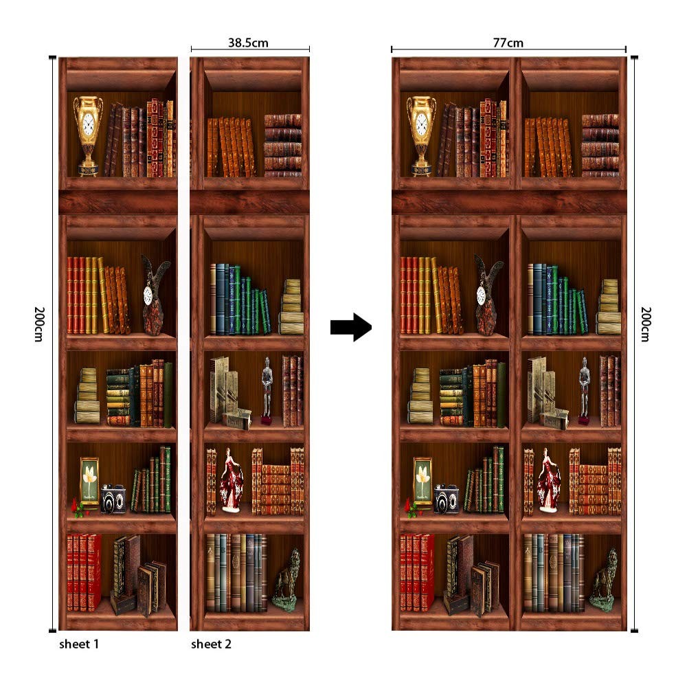 3D Book Shelf Door Mural Wallpaper Stickers -Adhesive Decor Removable for Hom…