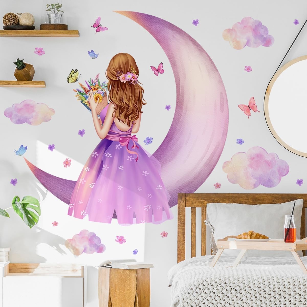 3D Princess Wall Decals Purple Butterfly Moon Clouds DIY Stickers for Girls
