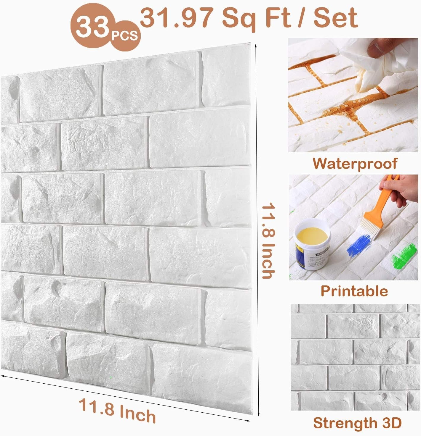Customizable 3D White Brick Wall Panels – 30 Pcs Peel & Stick for Various Rooms