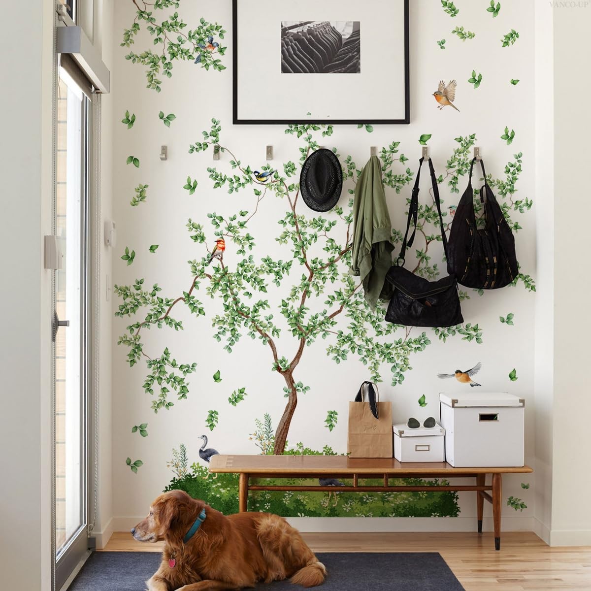 Large Green Twig Tree Wall Decals Falling Green Leaves Plants with Birds Wall…