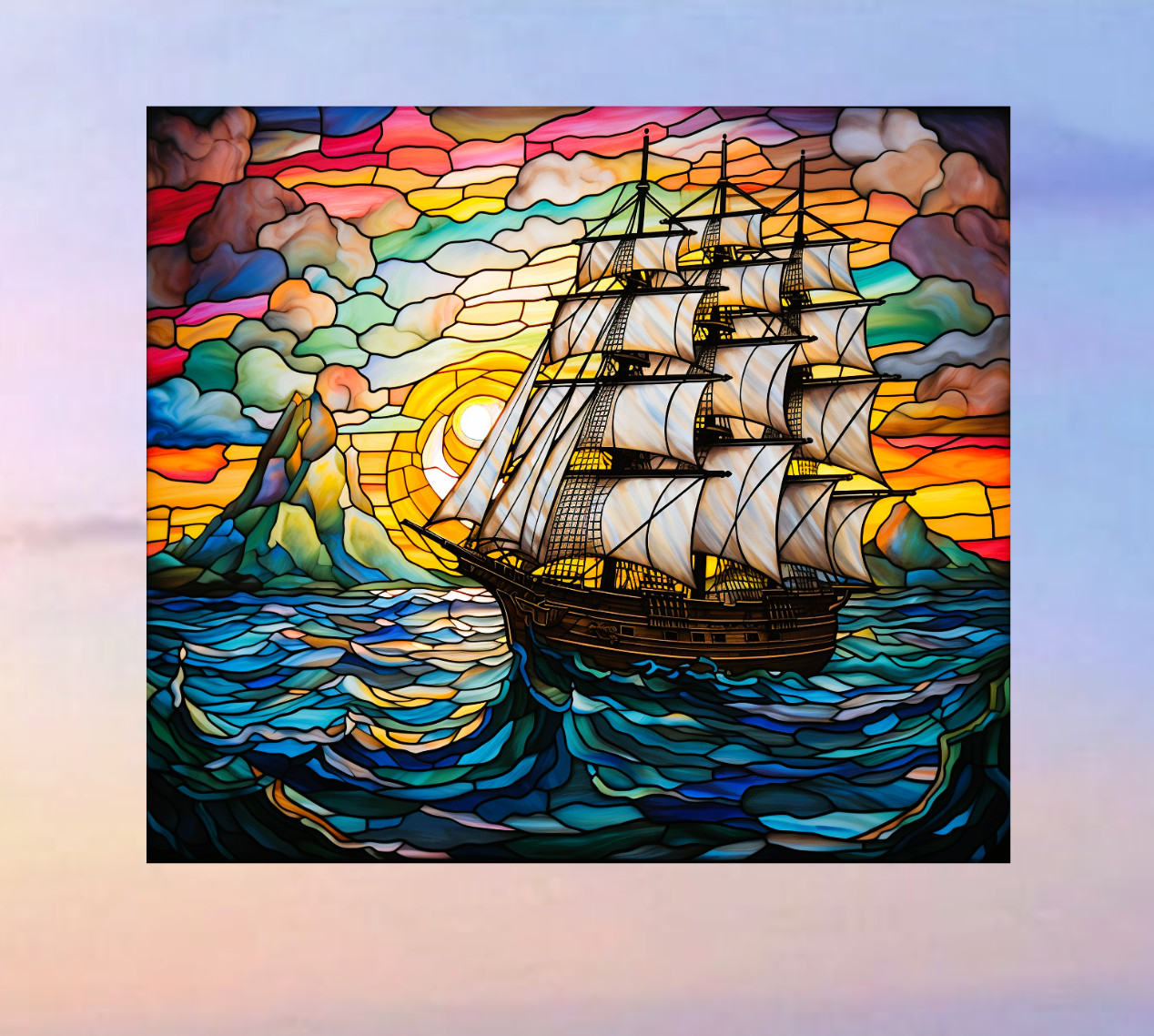 Sailing Ship at Sunset Faux Stained-Glass WINDOW CLING Size 9.1" Vinyl