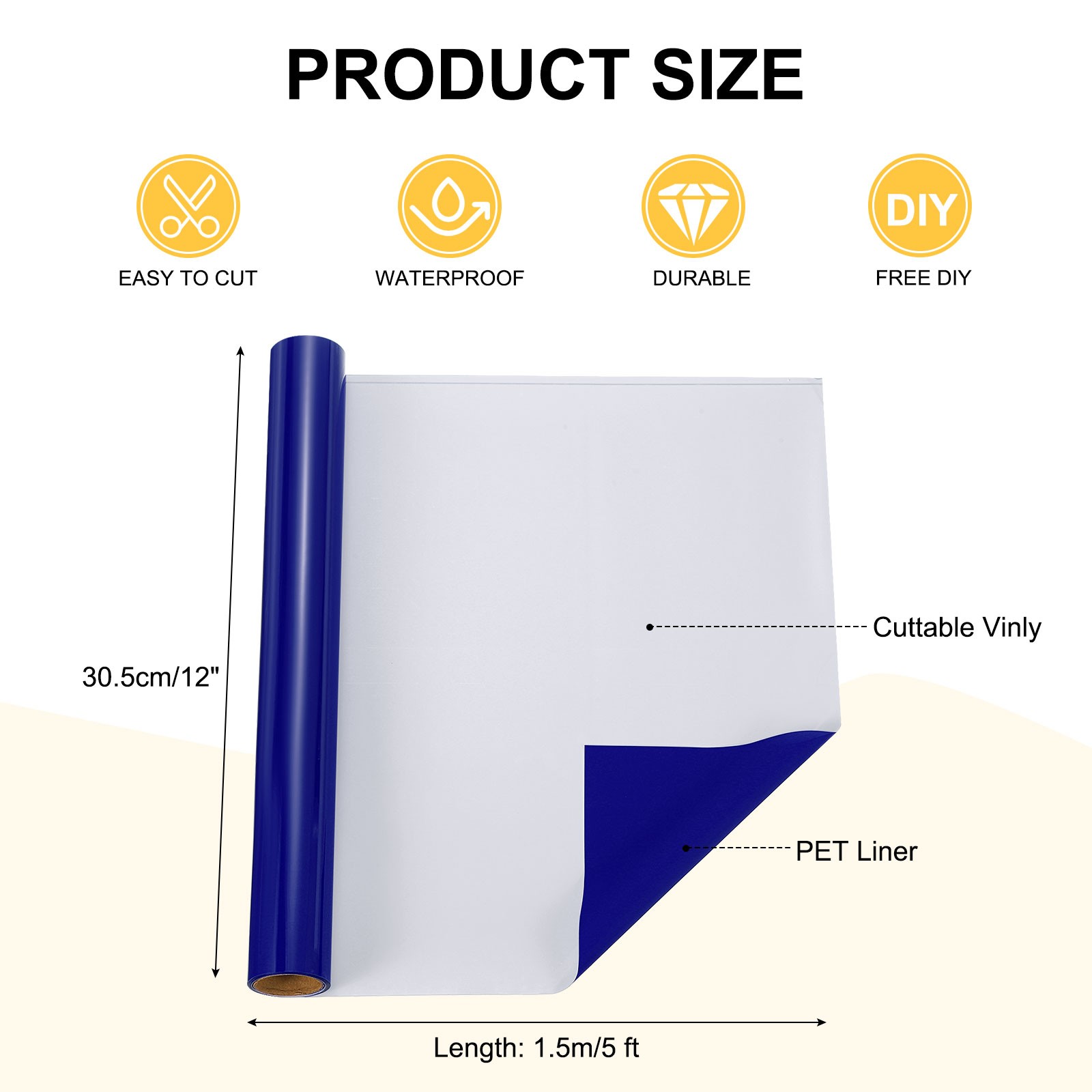 Navy Blue Permanent Vinyl, 12"" x 5ft Decorating Roll