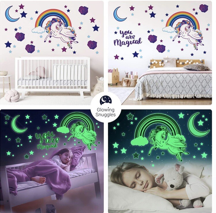 Unicorn & Stars Glow In The Dark Wall Stickers For Kids Baby Bedroom NIP