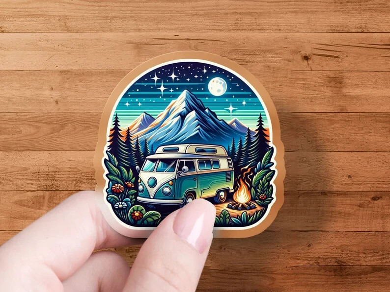Vintage Camper Van Sticker – Mountain Scene, Outdoor Adventure, Water-Resistant