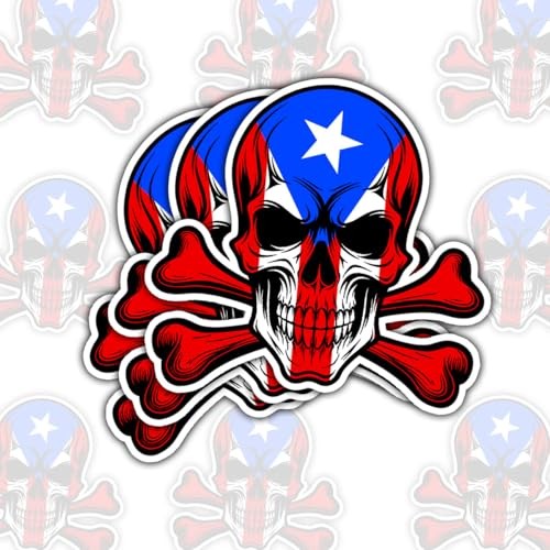 (3Pcs-5in) Flag Skull Decal – Patriotic Flag Design, Puerto Rican Puerto Rico