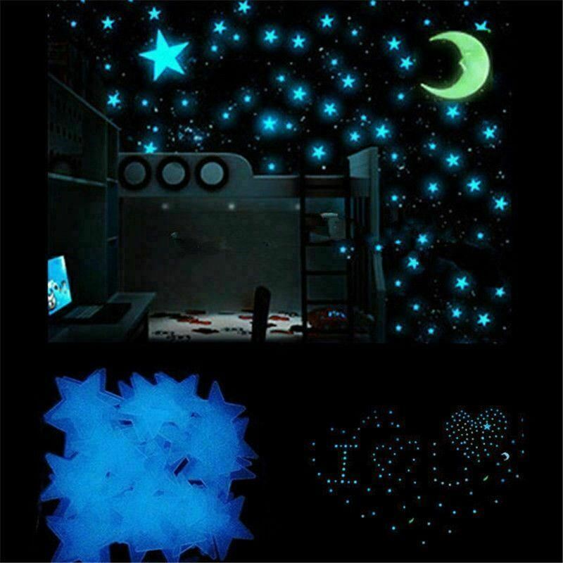 Blue 3D Glow in the Dark Stars & Moon Wall Stickers – 100pcs Kids Bedroom Decor