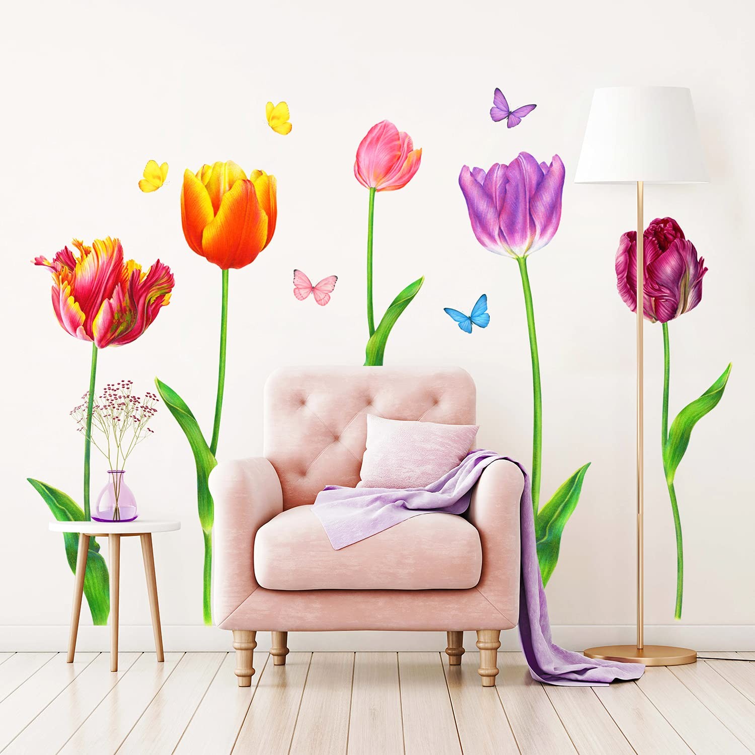 SG2-2116 5 Large Tulip Wall Decals Colorful Flower Butterfly Stickers for Bed…