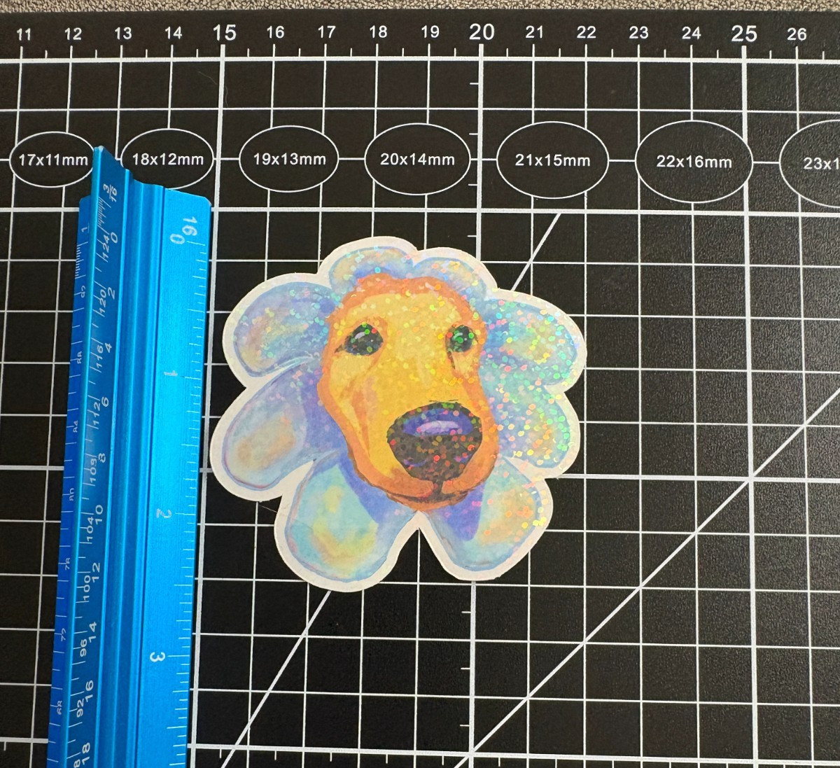Flower Golden Retriever Pup Holographic Die cut Vinyl Sticker by KayshaLacyArt