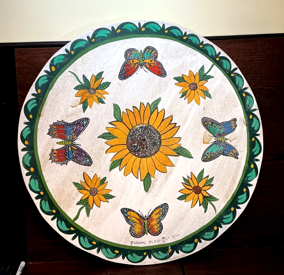 PA DUTCH FLOWERS & BUTTERFLIES – SIGNED BY JOHNNY CLAYPOOL 4/2000 ON WOOD – 24"