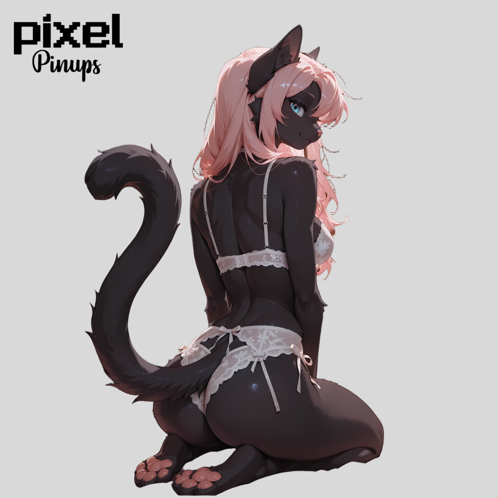 Furry Cat Pinup Sticker 5.1" Gigi Kneeling Bed Lingerie Pawpads Vinyl Waifu