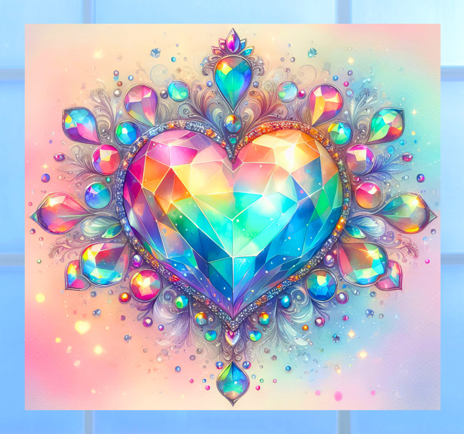 Iridescent Heart Faux Stained Glass WINDOW CLING Size 8.6" Repositionable Vinyl