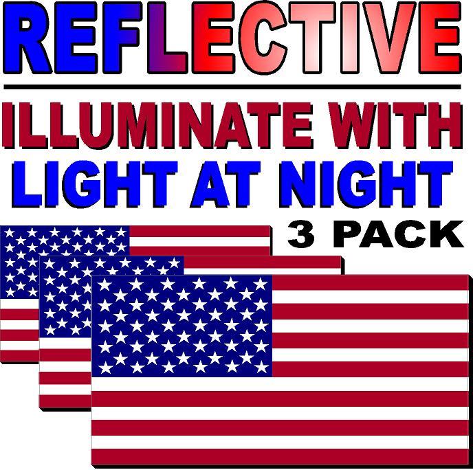 (PACK OF 3) REFLECTIVE American Flag USA Decal 3M Military-Marines-Army-Navy