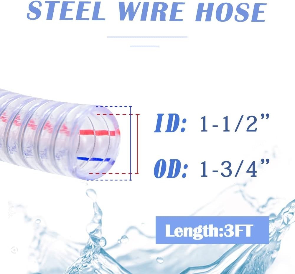 1-1/2" ID X 1-3/4" OD, 3FT Length Steel Wire Hose PVC Vacuum Tubing (With 2 Stai
