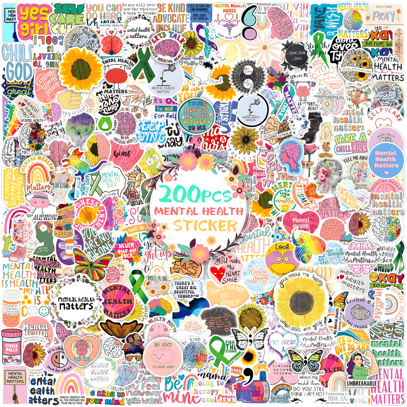 200pcs Mental Health Stickers Decals, Mental Health Awareness Stickers Bundle