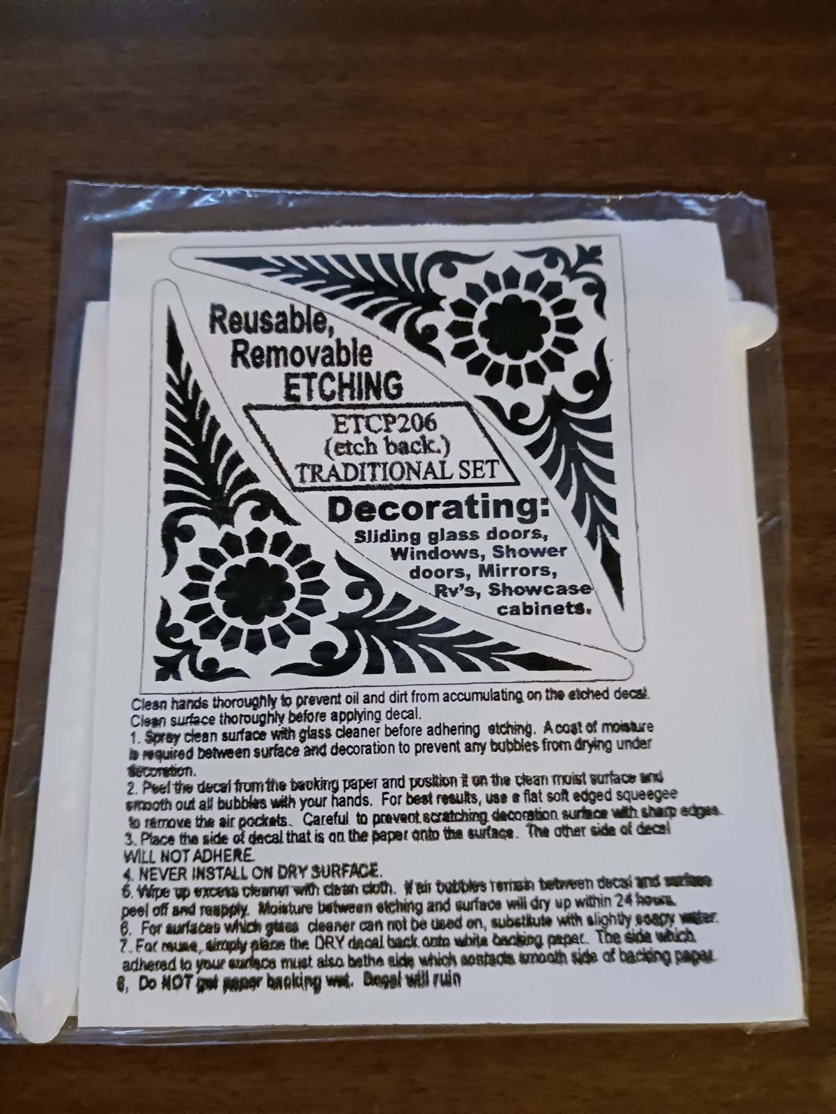 TRADITIONAL (ETCH BK) CORNER 10"x10"Etched Look Cling Removable & Reusable 206
