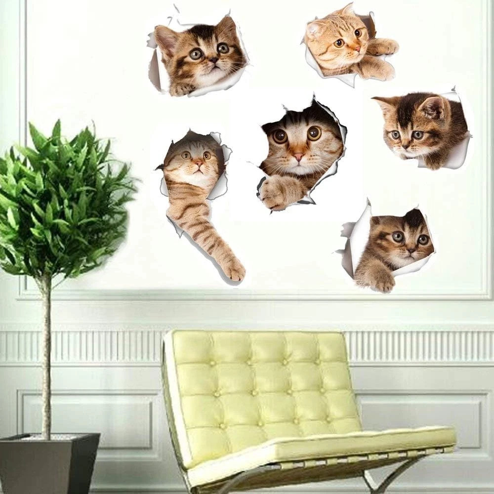 6PCS 3D Wall Stickers Cats Self Adhesive, Kids Wall Decals/Removable Vinyl Ar…