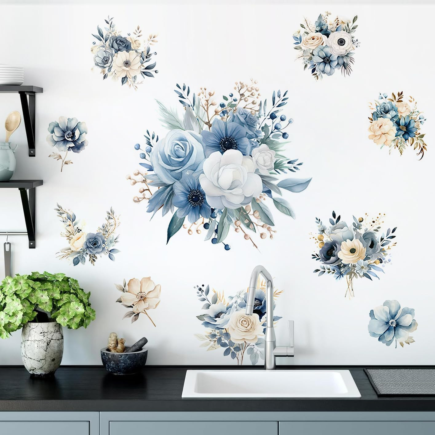 Blue Peony Flower Wall Decals Peel and Stick Rose Leaf Botanical Wall Stickers R