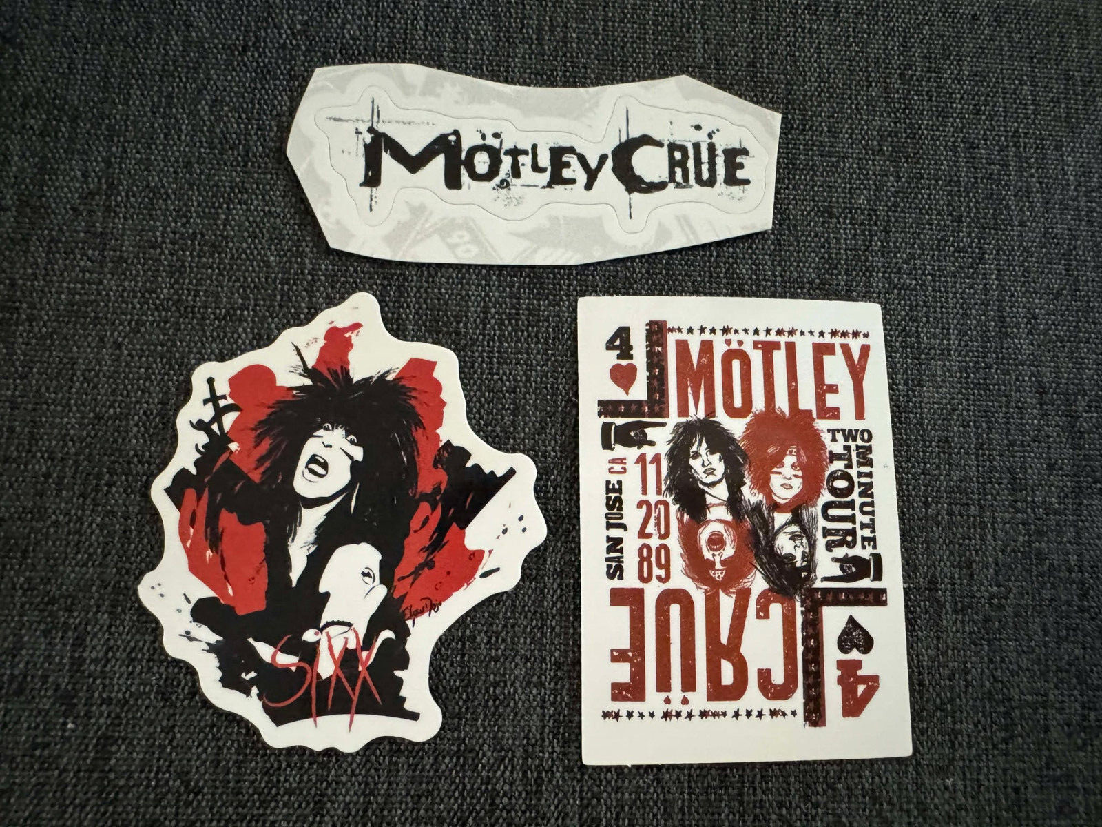 Lot of 3 MOTLEY CRUE 3/4" to 2 3/4" Band Logo STICKERS Nikki Sixx FAST SHIP!