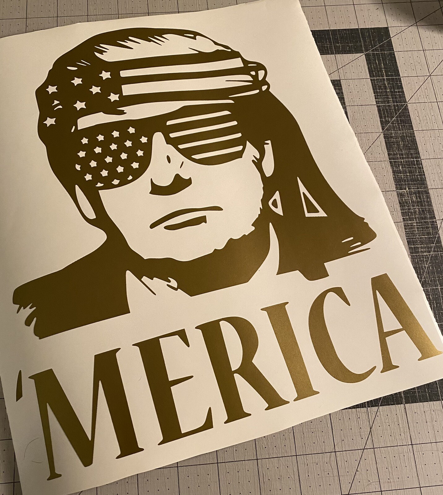 Vinyl Decal – 'Merica Trump w/ Sunglasses, Stars & Stripes, Various Colors Sizes