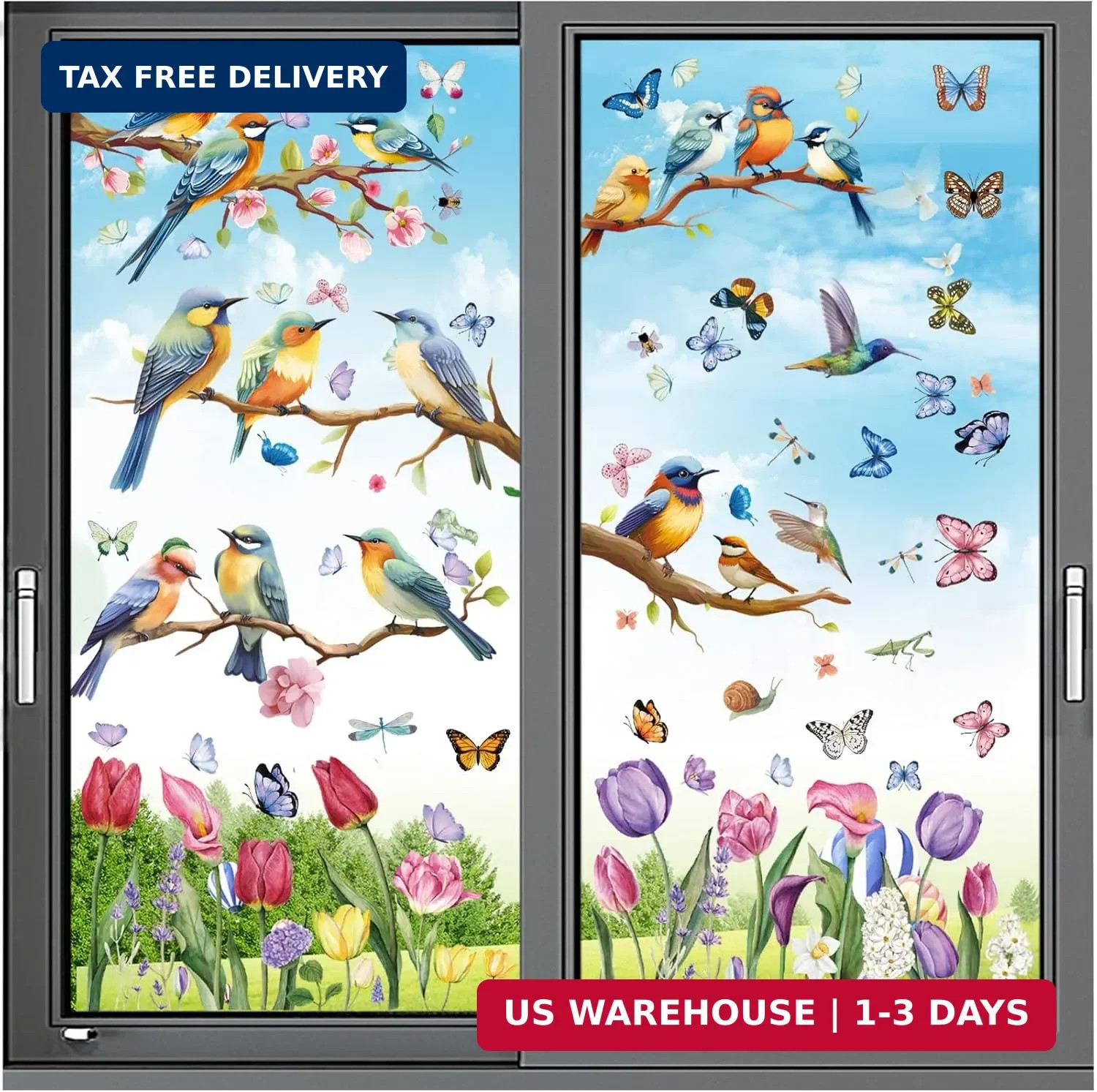 Spring Window Cling Sticker – 78PCS Tulip Butterfly Flower Hummingbirds Window D