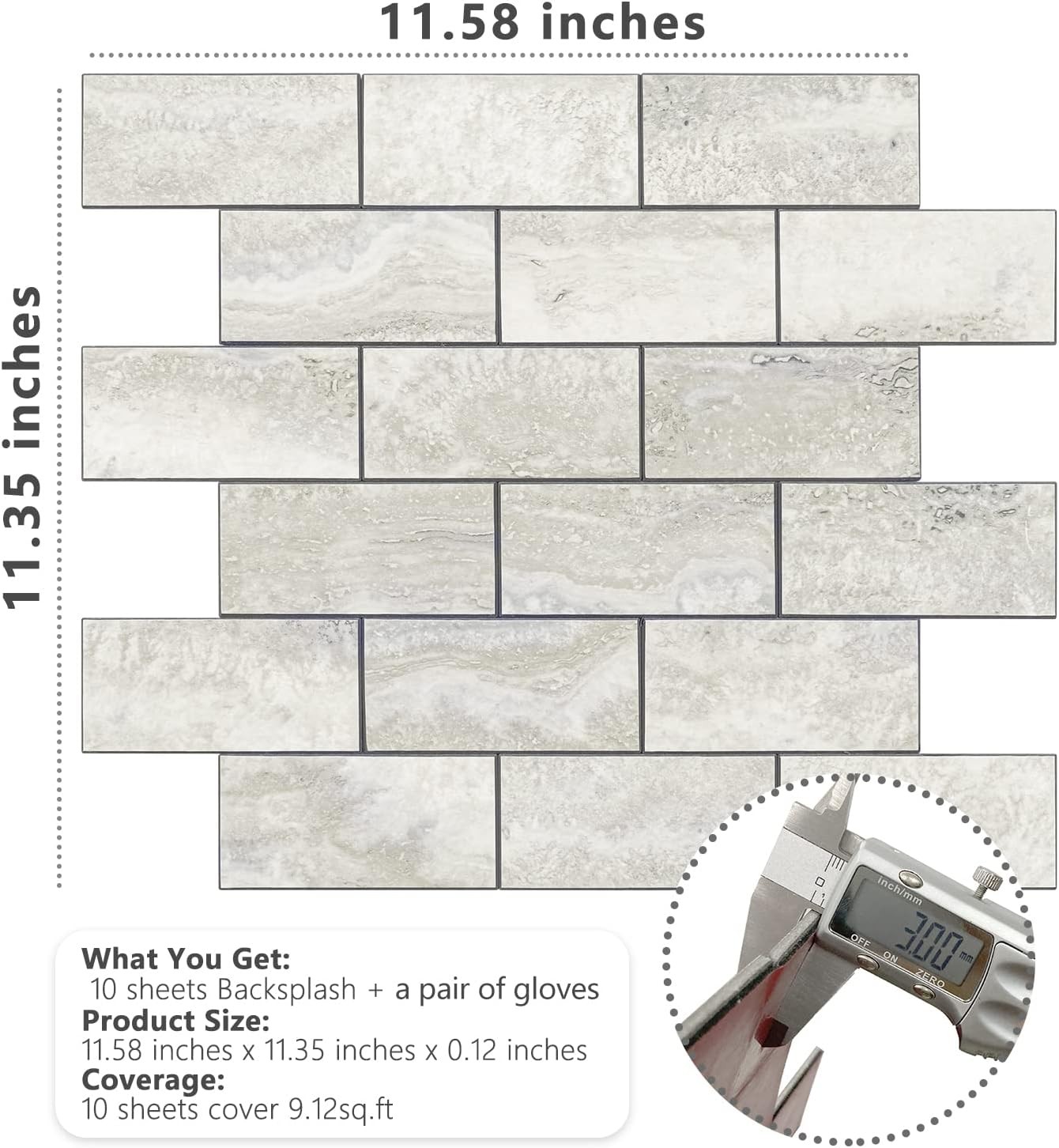 STICKGOO 10-Sheet Subway Tile 11.58×11.35×0.16 inch, Beige Mixed Light Grey