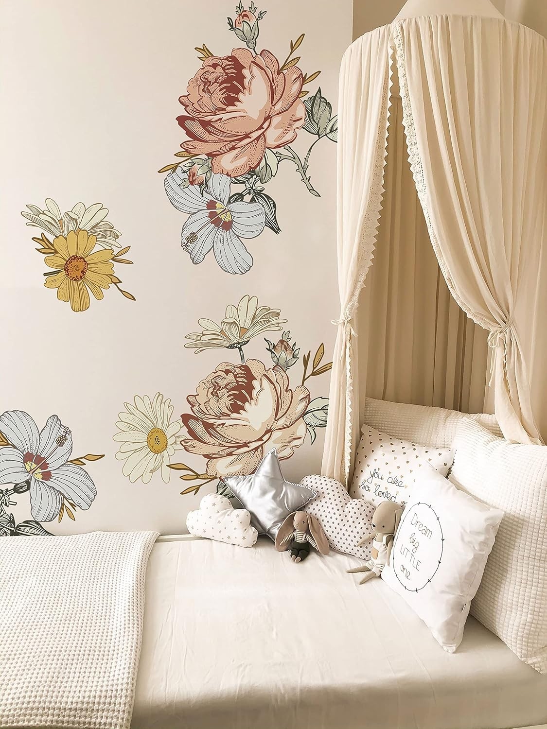 Kids Floral Wall Decal Soft Vintage Peony Flower Wall Sticker