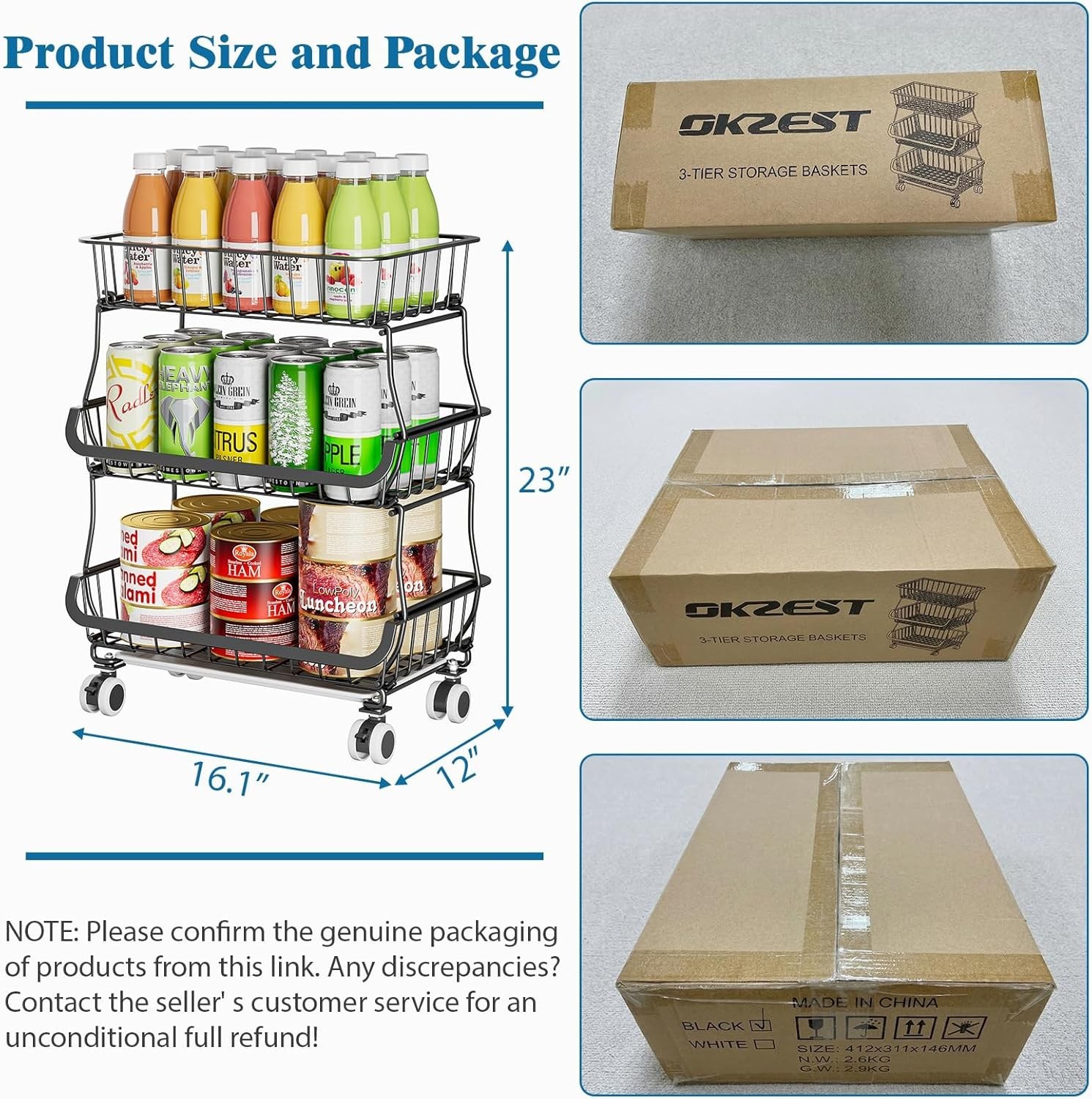 Pantry Storage Cart Fruit Basket Stand 3 Tier Stackable Wire Basket Organizer