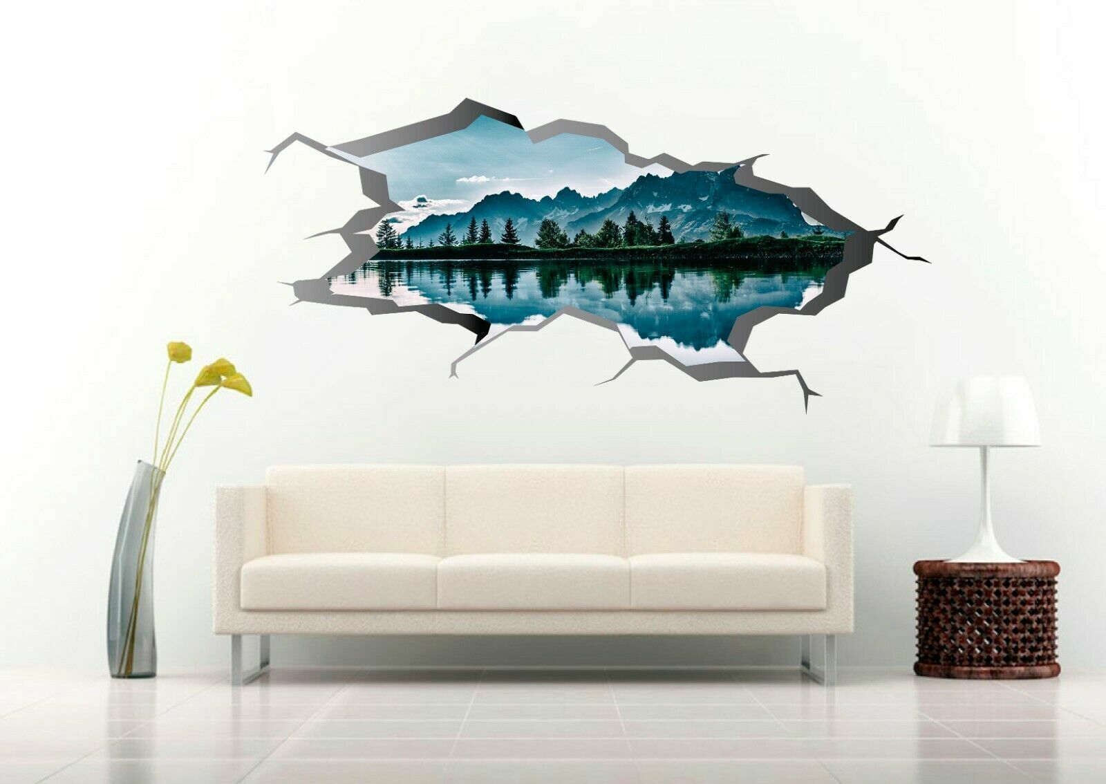 Lake Landscape Reflection 3D Crack Hole Wall Decal Vinyl Sticker Mural Art Decor