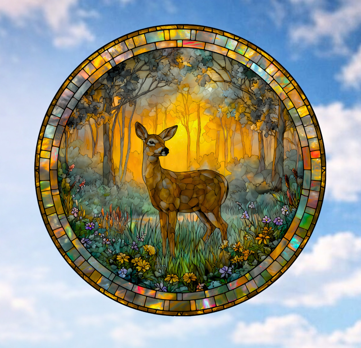 Deer Faux Stained-Glass WINDOW CLING Size 8" Round, Repositionable Vinyl