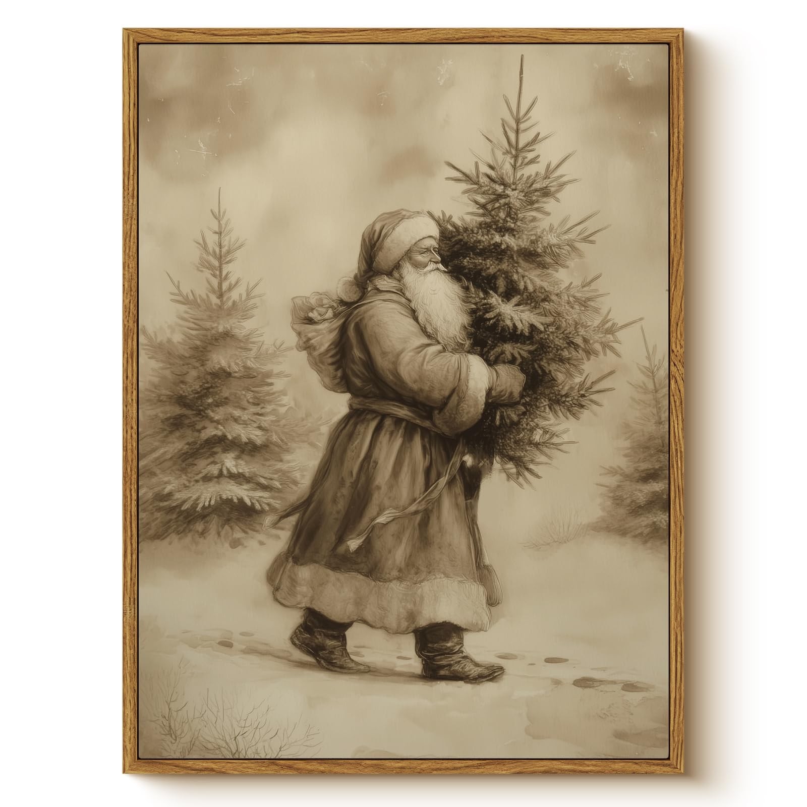 WHASAYART Vintage Santa Claus Carrying Christmas Tree Wall Art, Retro 12×16 F…