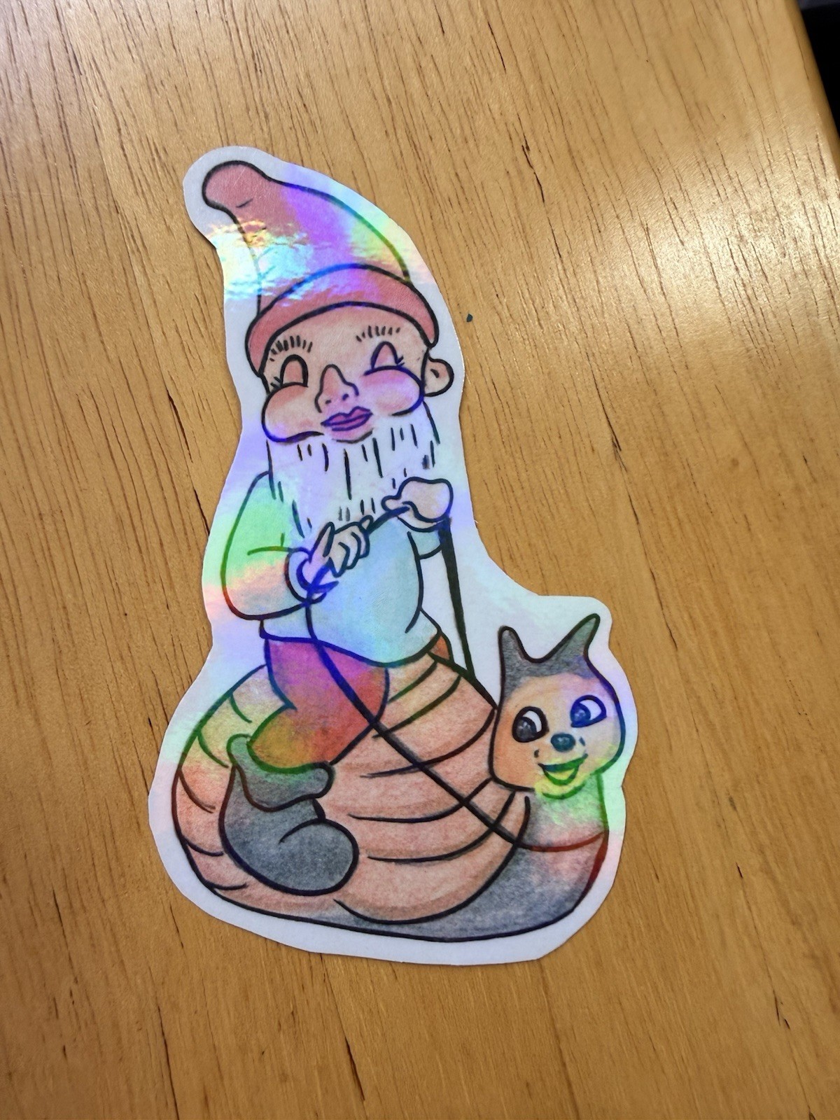 Vintage inspired garden gnome riding pet snail art sticker decal whimsical