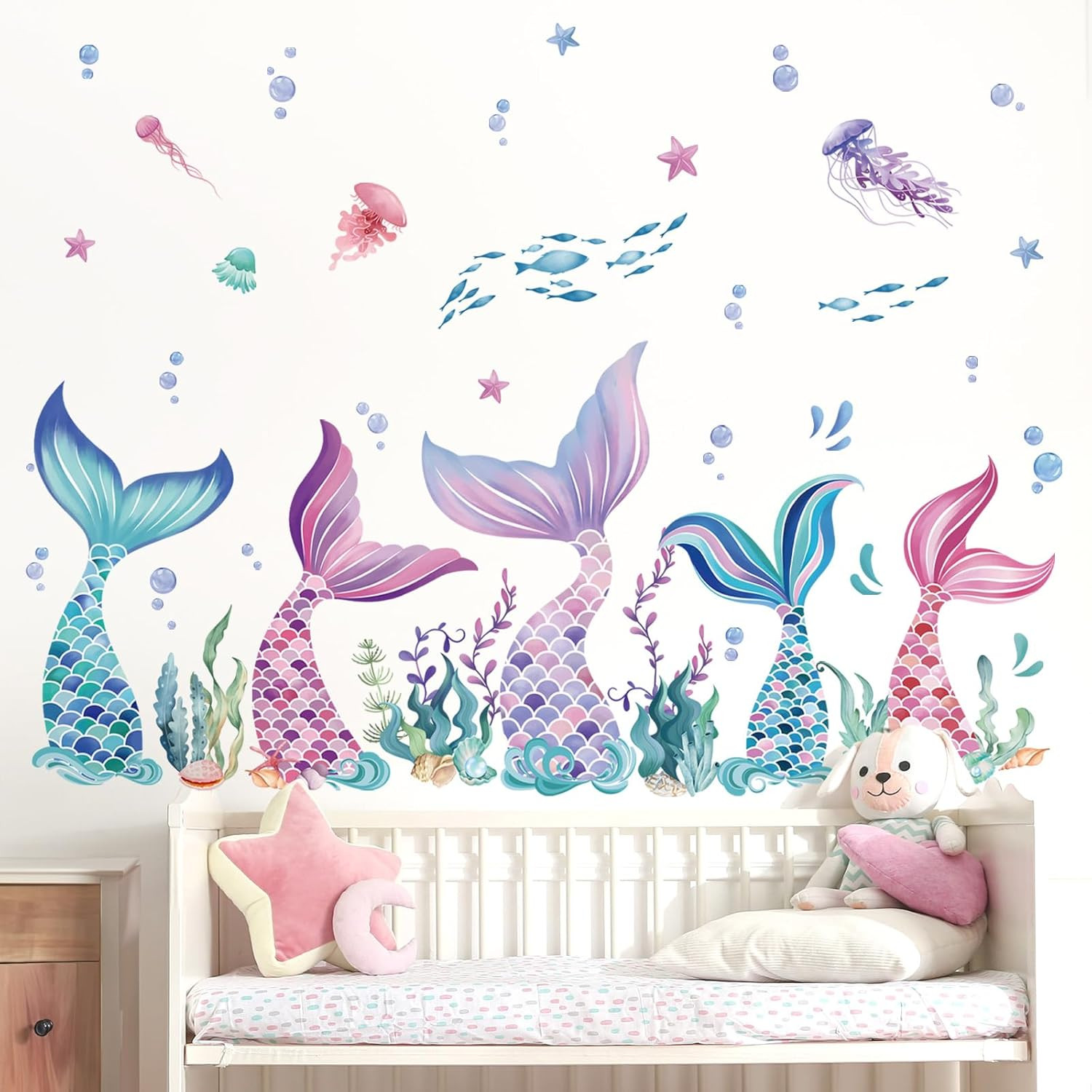 Mermaid Tail Wall Stickers under the Sea Mermaid Bubble Seaweed Peel and Stick W