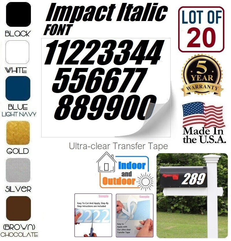 Mailbox Address Numbers Decal Sticker Window Door Wall Sign, IMPACT ITALIC BOLD