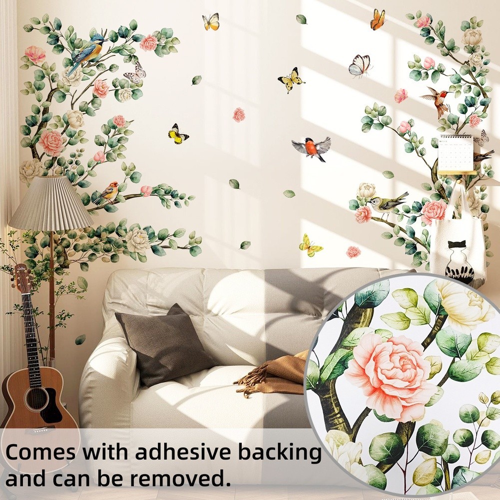 Elegant Flower Tree Branch Birds Butterflies Wall Sticker for Modern Home Decor
