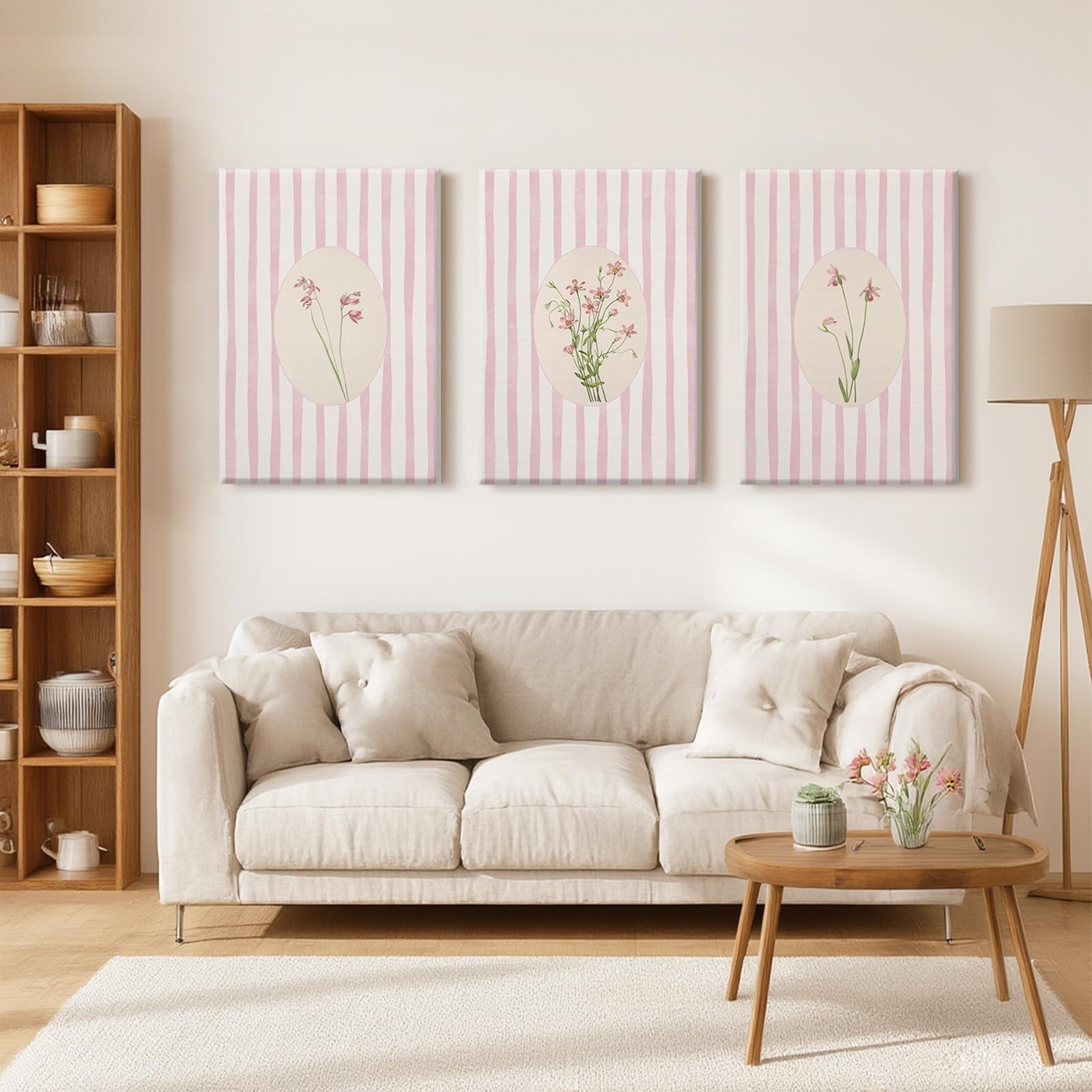 Pink Flower Wall Art Striped Floral Prints Botanical Canvas Wall Decor Aesthe…