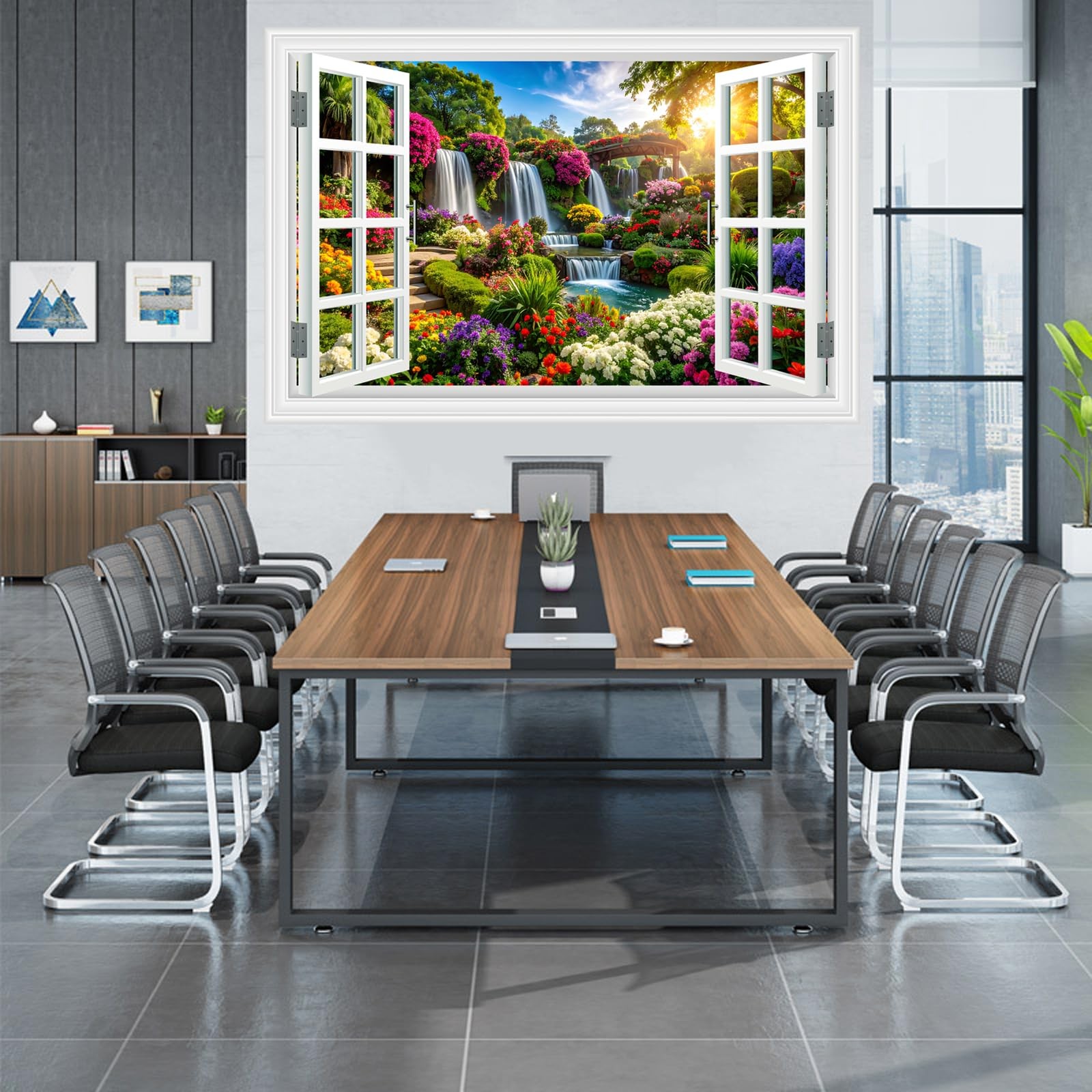 Fake Window Wall Sticker Decals- Morning Garden Flowers Waterfall Natural Sce…