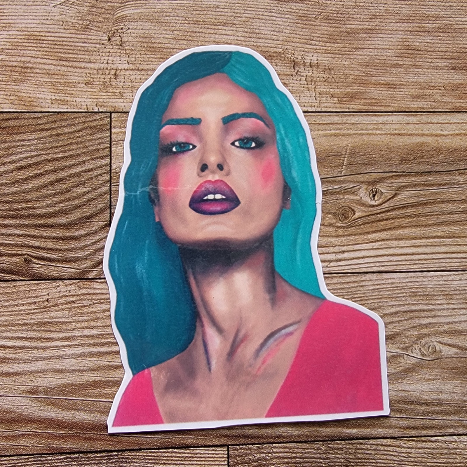 Latina Woman Vinyl Sticker, Blue Green Hair Abstract Art Sticker, Girl Power