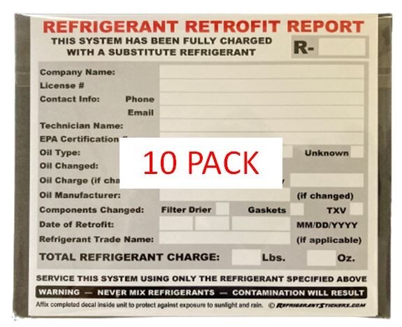 HVACR Refrigerant Retrofit Report Decal Stickers X10 – R438A R407C R421A etc.